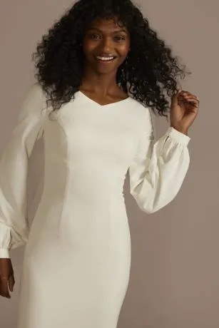 Crepe Billow Sleeve Modest Mermaid Wedding Dress - Image 3