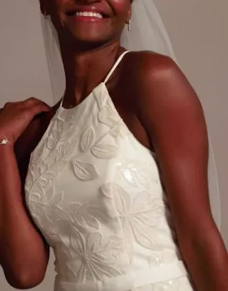 Sequin Leaf-Appliqued High Neck Petite Gown - Image 4