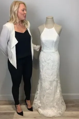 Sequin Leaf-Appliqued High Neck Petite Gown - Image 5