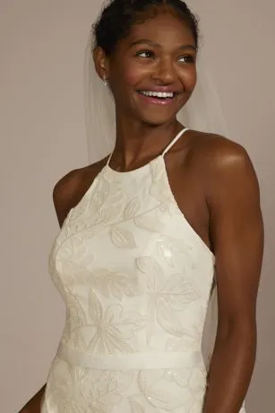 Sequin Leaf-Appliqued High Neck Petite Gown - Image 3