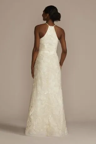 Sequin Leaf-Appliqued High Neck Petite Gown - Image 2