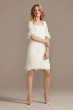 Lace Square Neck Mini Dress With Bubble Sleeves