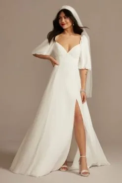 Bubble Sleeve Georgette V-Neck Wedding Dress