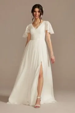 Lace Chiffon Flutter Sleeve A-Line Wedding Dress