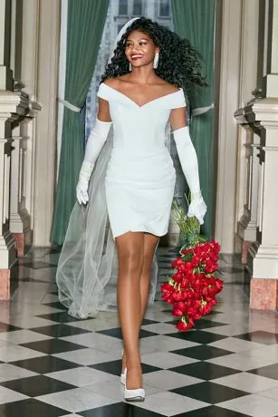 Short Off Shoulder Cuff Neckline Crepe Dress - Image 4