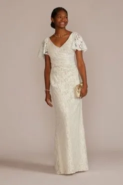 Lace Flutter Sleeve Draped Sheath Wedding Gown