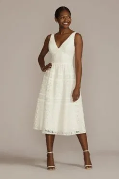 Midi-Length Lace V-Neck Dress With Banded Trim