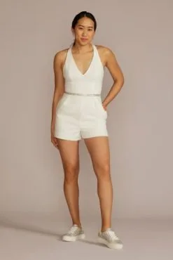 Beaded Crystal Strap V-Neck Romper