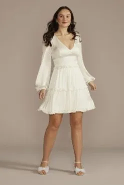 Ruffled Charmeuse V-Neck Long Sleeve Mini Dress