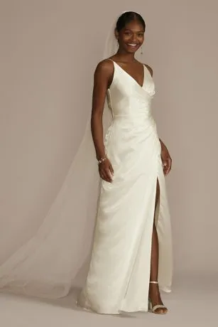 Draped Satin Spaghetti Strap Sheath Wedding Dress
