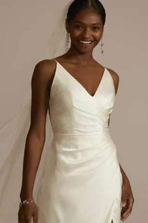 Draped Satin Spaghetti Strap Sheath Wedding Dress - Image 3