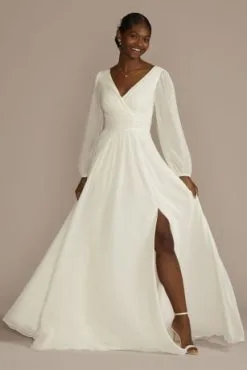 Long Billow Sleeve Chiffon A-Line Wedding Dress
