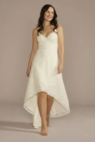 High-Low Lace Spaghetti Strap V-Neck Wedding Dress