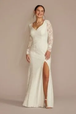 Long Sleeve Lace Scoop Back Sheath Wedding Dress