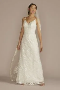 Sequin Floral A-Line Spaghetti Strap Wedding Dress
