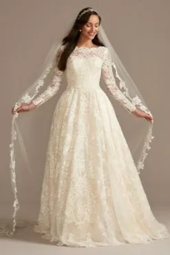 Beaded Lace Wedding Dress With Pleated Skirt