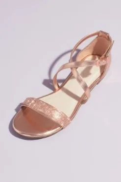 Metallic Criss Cross Sandals With Crystal Strap