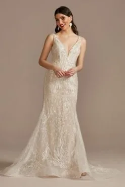 Horsehair Trim Beaded Lace Low Back Wedding Dress
