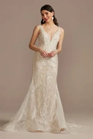 Horsehair Trim Beaded Lace Low Back Wedding Dress