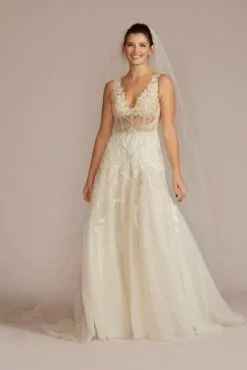 Drop Waist Beaded Applique Wedding Gown