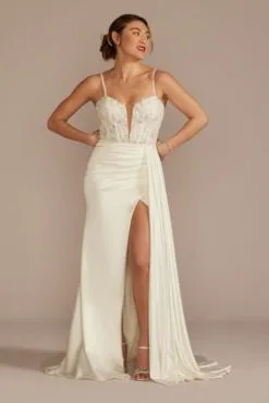 Beaded Corset Bodice Sheath Draped Wedding Dress