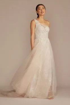 One-Shoulder Beaded Wedding Dress With Overskirt