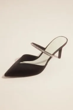 Crystal Strap Pointed Toe Satin Mules