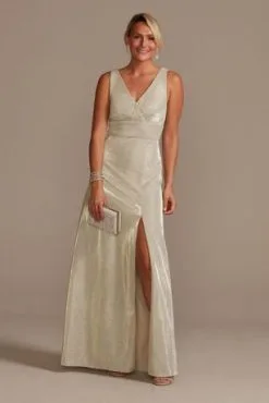 Metallic A-Line Tank Gown With Slit Skirt