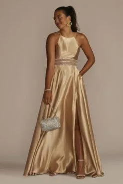 Satin High Neck Illusion Waist A-Line Dress