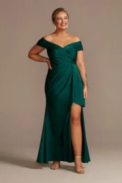 Off-the-Shoulder Stretch Satin Gown With Ruffle