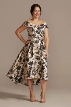 Metallic Brocade Off-the-Shoulder High-Low Gown