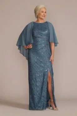 Draped Lace Floor-Length Dress With Matching Shawl