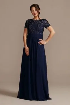 Floor Length Sheath Gown With Lace Bodice
