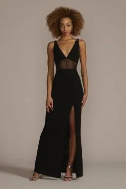 Floor Length Crepe Gown With Beaded Mesh Detail