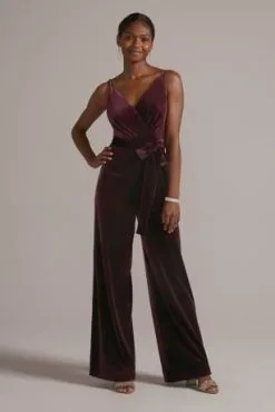 V-Neck Velvet Jumpsuit With Tie Waist
