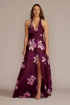 Floor Length Floral Print Halter A-Line With Slit