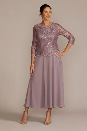 Tea Length Lace And Chiffon Mock Two-Piece