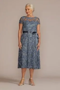 Illusion Sleeve Soutache Tea Length Dress