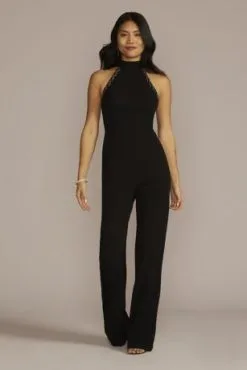 Beaded Halter Crepe Jumpsuit
