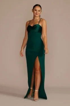 Spaghetti Strap Crepe And Satin Sheath With Slit