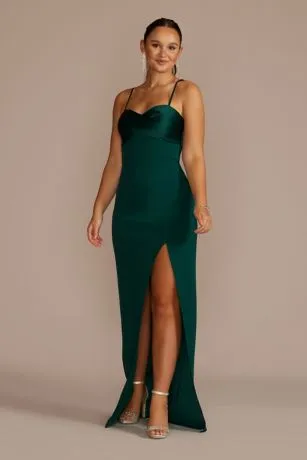 Spaghetti Strap Crepe And Satin Sheath With Slit