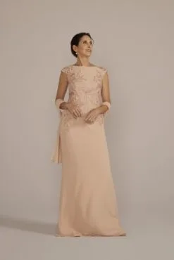 Floral Embroidered Chiffon Gown With Shawl