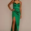 Draped Stretch Satin Sweetheart Dress With Slit