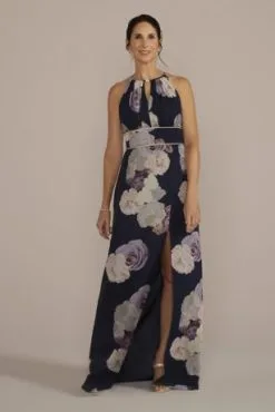 High-Neck Floral A-Line Gown With Keyholes