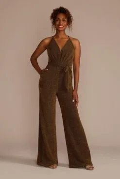 Metallic Tie-Waist Jumpsuit With Crisscross Back