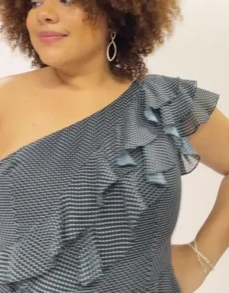 Polka Dot One-Shoulder Ruffle A-Line Dress - Image 4