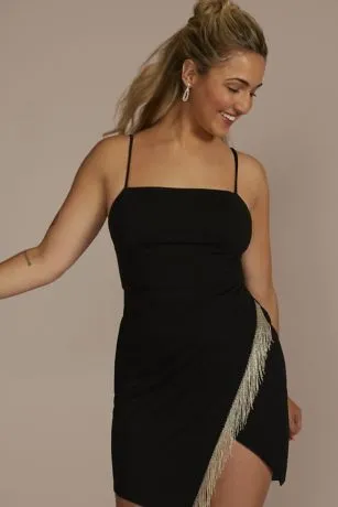 Square Neck Crepe Dress With Asymmetrical Fringe - Image 2