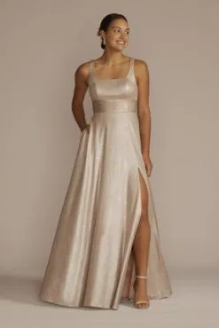 Square Neck Stretch Satin Metallic Tank Dress