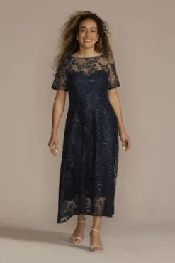 Short Sleeve Illusion Lace High-Low Dress