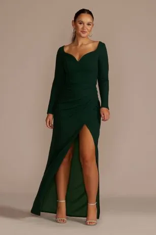 Long Sleeve Sweetheart Crepe Dress With Slit